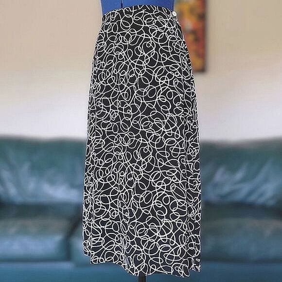 Vtg black and white scribble print summer midi skirt - Picture 1 of 15